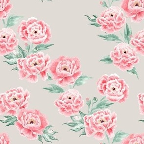 (L) pink watercolor peonies on beige Large scale