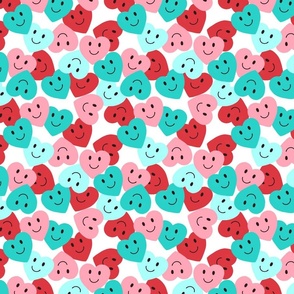 Retro Smiley Hearts on White – red, pink, turquoise, Smiley Face, Valentines Hearts, Hearts Fabric, Heart, Cute Valentines, Retro Fabric, Happy Face, Smile, Smiles, Kids