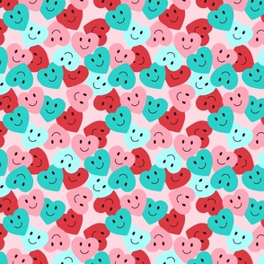 Retro Smiley Hearts on Pink – red, pink, turquoise, Smiley Face, Valentines Hearts, Hearts Fabric, Heart, Cute Valentines, Retro Fabric, Happy Face, Smile, Smiles, Kids
