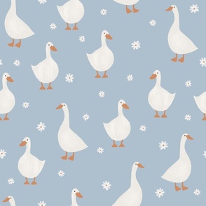 Geese and Daisies on Dusty Blue, Nursery Fabric, Spring, Flowers, Birds