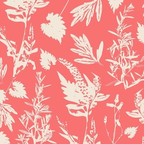 Large scale traditional botanical print with flowers, plants, leaves and wild rosemary in coral and beige. 