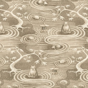 zen cats's garden wallpaper - beige sand and ivory cream - large scale