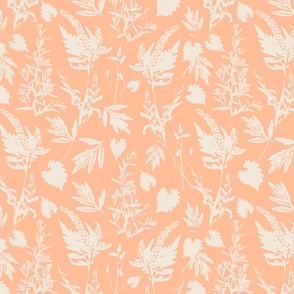 Medium scale traditional botanical print with flowers, plants, leaves and wild rosemary in peach and beige.