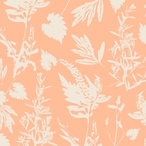Large scale traditional botanical print with flowers, plants, leaves and wild rosemary in peach and beige.