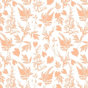 Medium scale traditional botanical print with flowers, plants, leaves and wild rosemary in peach and white. 