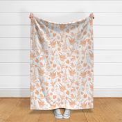 Large scale traditional botanical print with flowers, plants, leaves and wild rosemary in peach and white.