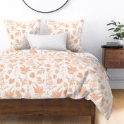 Large scale traditional botanical print with flowers, plants, leaves and wild rosemary in peach and white.