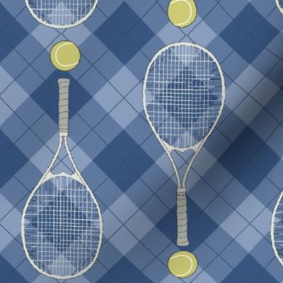 Tennis balls & rackets on Retro  Argyle Plaid in Blue