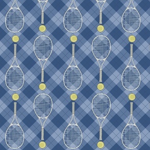 Tennis balls & rackets on Retro  Argyle Plaid in Blue