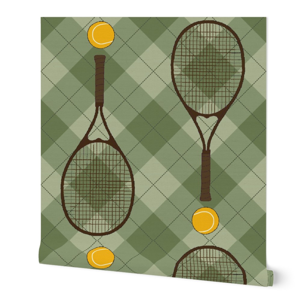 Tennis balls & rackets on Retro  Argyle Plaid in Dusty Green