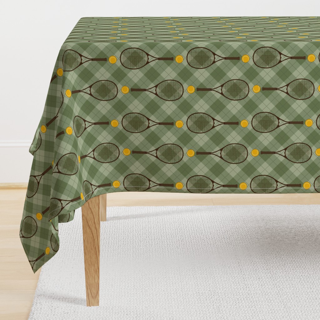 Tennis balls & rackets on Retro  Argyle Plaid in Dusty Green