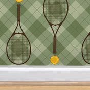 Tennis balls & rackets on Retro  Argyle Plaid in Dusty Green