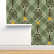 Tennis balls & rackets on Retro  Argyle Plaid in Dusty Green