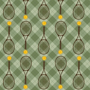 Tennis balls & rackets on Retro  Argyle Plaid in Dusty Green