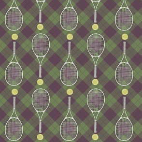 Tennis balls & rackets on Retro  Argyle Plaid in Green and Purple
