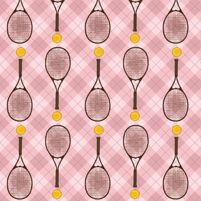 Tennis balls & rackets on Retro  Argyle Plaid in Dusty Pink