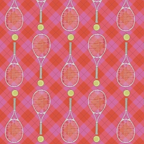 Tennis balls & rackets on Retro  Argyle Plaid in Pink and Red