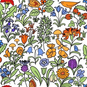 Voysey Bright Garden with Buttercups, Snowdrops, Bluebells, Birds on White