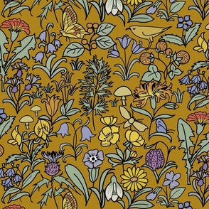 Voysey Floral Garden with Birds, Snowdrops, Bluebells and Buttercups on Brown