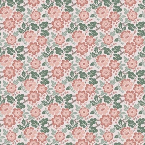 Vintage floral pattern with coral blooms and sage leaves on an off-white backdrop