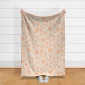 Large scale traditional botanical print with flowers, plants, leaves and wild rosemary in peach and eggshell.