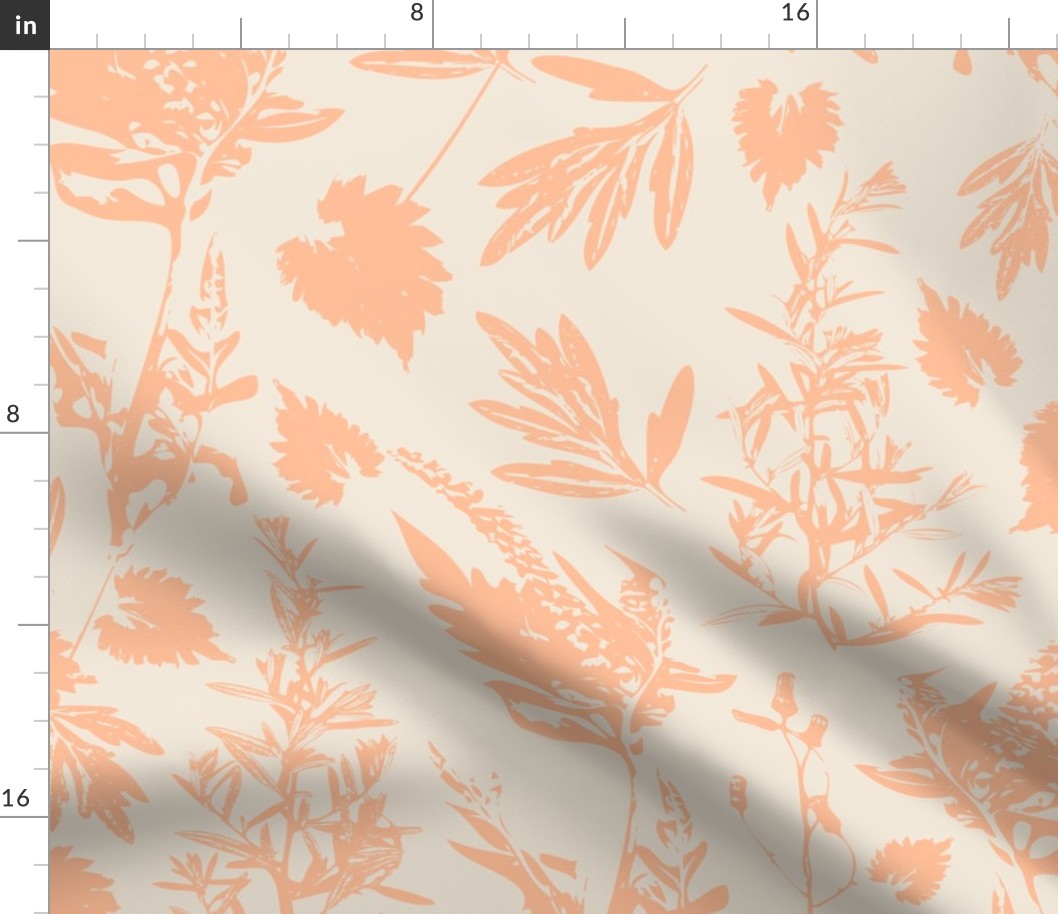 Large scale traditional botanical print with flowers, plants, leaves and wild rosemary in peach and eggshell.