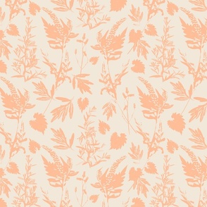 Medium scale traditional botanical print with flowers, plants, leaves and wild rosemary in peach and eggshell.