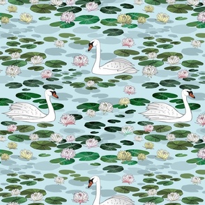 Elegant Swans Swimming in a Water Lily Garden 