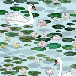 Elegant Swans Swimming in a Water Lily Garden (large scale)  