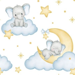Baby Blue Elephant Moon Clouds Stars Boy Nursery 