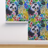 cute panda sitting in flowers