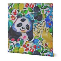 cute panda sitting in flowers