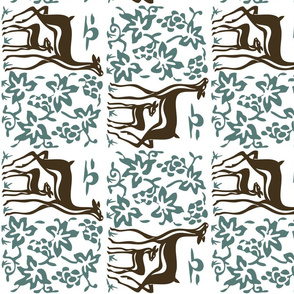 New deer and grapes - linen teatowel - vector-double - brown30-minagreen-white