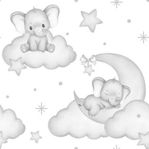Baby Elephant Moon Clouds Stars Nursery Grayscale