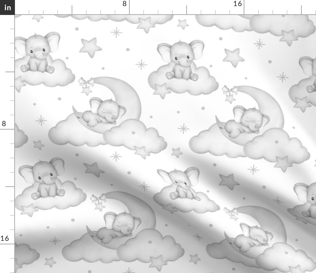 Baby Elephant Moon Clouds Stars Nursery Grayscale