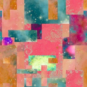 Galaxy Scrap Quilt Abstract Art Collage No. 1, Orange Pink Blue 