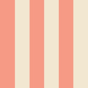 Traditional large scale 4 inch classic  vertical stripe in pink peach on warm natural ecru