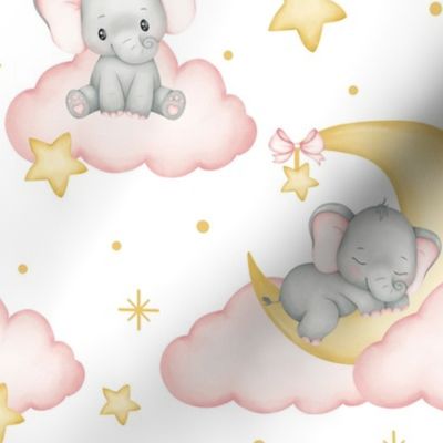 Baby Pink Elephant Moon Clouds Stars Girl Nursery 