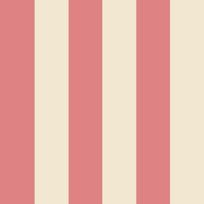 Traditional large scale 4 inch classic  vertical stripe in pink peach on neutral ecru