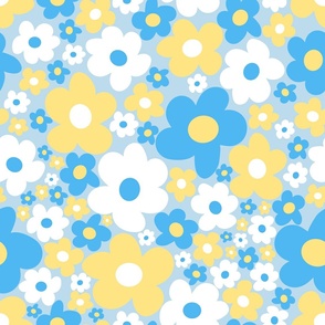 Groovy daisy flowers in blue and yellow colors