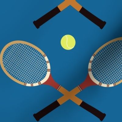 Vintage Tennis Raquets with Tennis Balls on a Blue Court