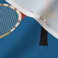 Vintage Tennis Raquets with Tennis Balls on a Blue Court