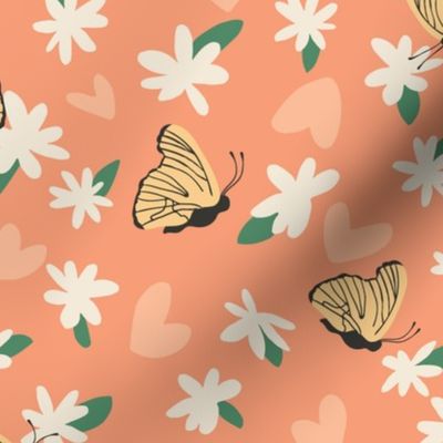 Adorable Butterflies, Hearts & Flowers - Peach Fuzz, yellow, cream & green (Large Scale)