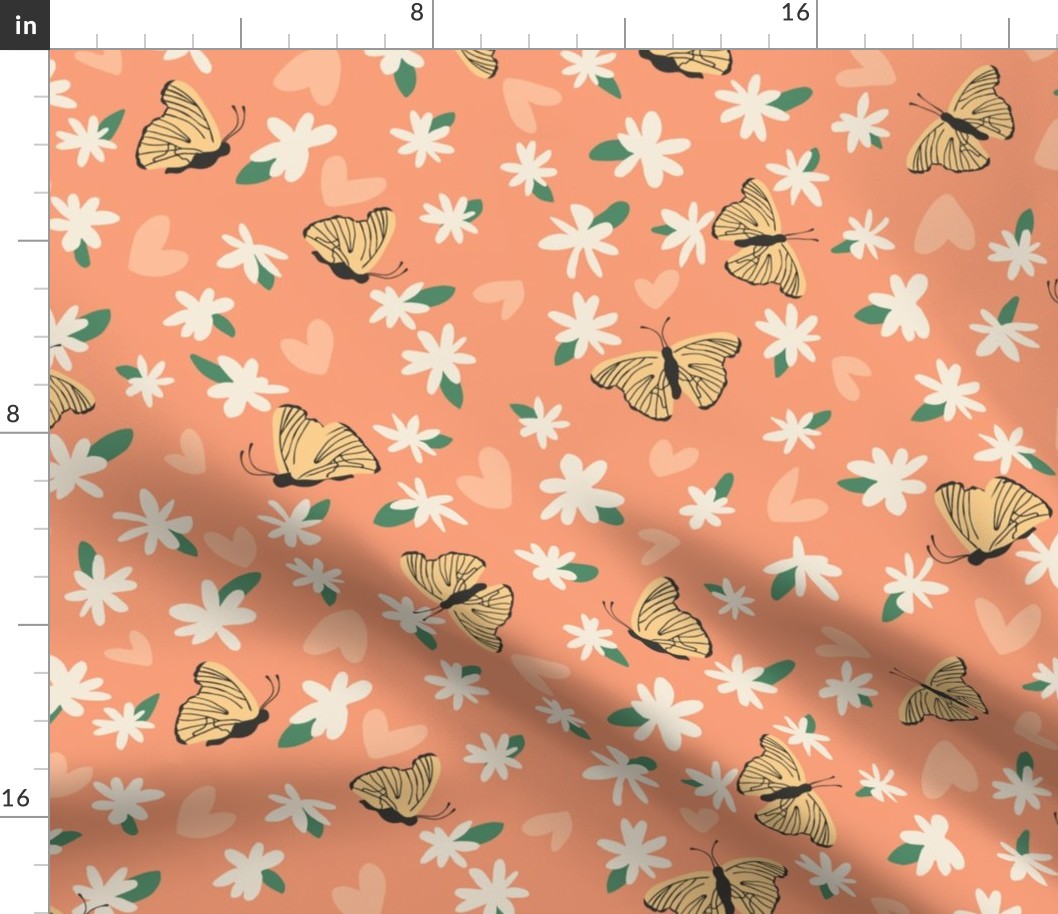 Adorable Butterflies, Hearts & Flowers - Peach Fuzz, yellow, cream & green (Large Scale)