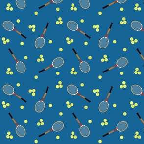 Tennis Raquet Pattern with Tennis Balls on a Blue Court