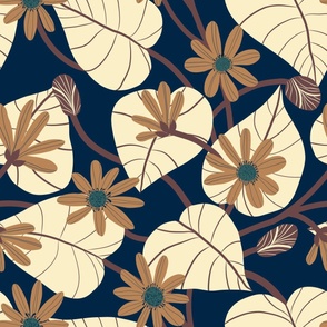 (XL) Navy Blue and Warm Neutrals Buttercups Trailing Floral Extra Large