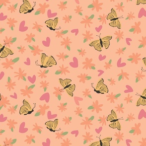 Cute Ditsy Floral with butterflies and hearts. Pantone Color 2024. Larger Scale