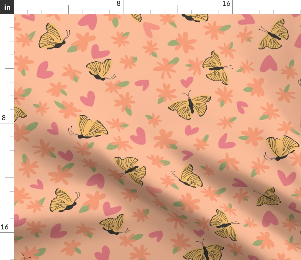 Cute Ditsy Floral with butterflies and hearts. Pantone Color 2024. Larger Scale