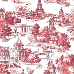 Eiffel Bliss Toile - Red/White Wallpaper - New 