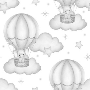 Baby Elephant Air Balloon Clouds Stars Nursery Gray